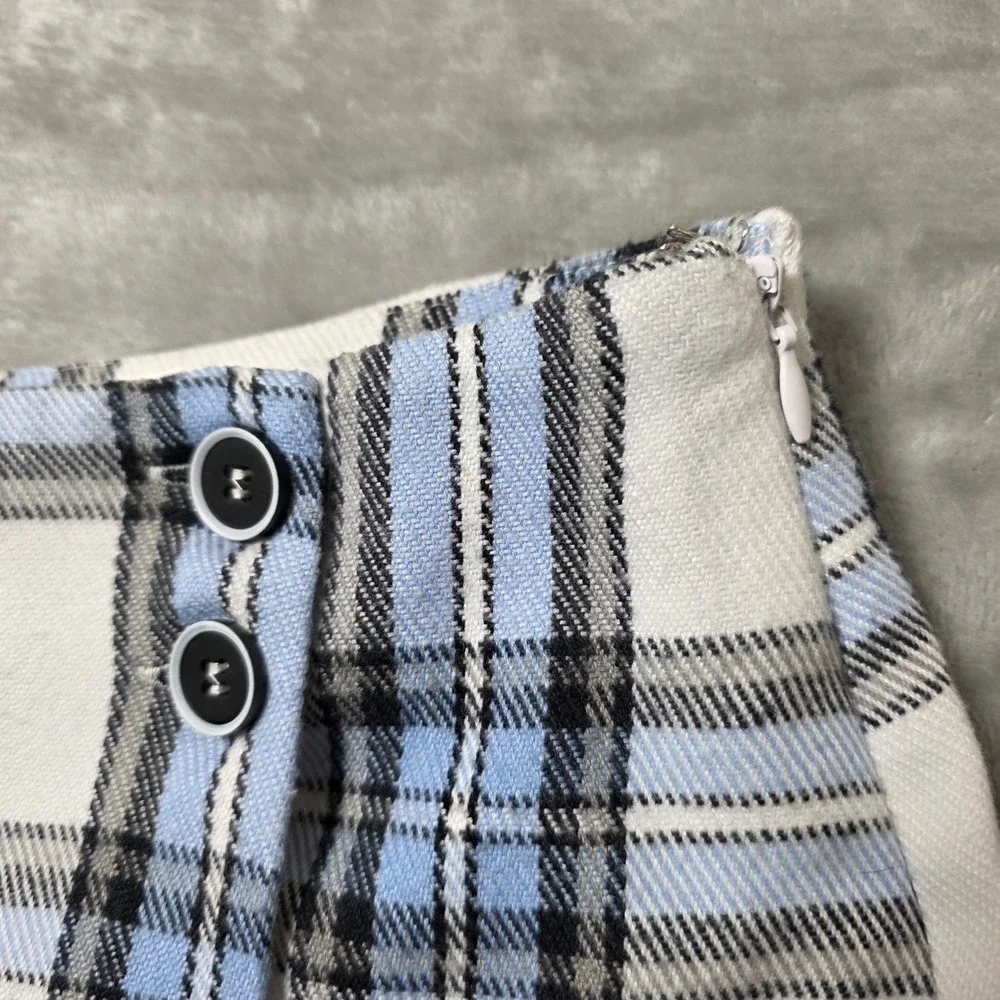 Blue‎ Rain Wrap Mini Skirt Button Detail White Blue Plaid Size S